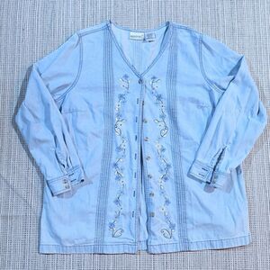 VTG Fashion Bug Womens Embroidered Floral Button Up Denim Jean Shirt Sz 18 / 20